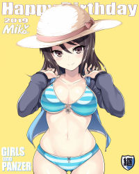 Rule 34 | 1girl, 2019, bikini, blue jacket, breasts, brown eyes, brown hair, character name, cleavage, cowboy shot, emblem, girls und panzer, gluteal fold, happy birthday, hat, highres, jacket, kasai shin, keizoku (emblem), letterman jacket, long hair, looking at viewer, medium breasts, mika (girls und panzer), smile, solo, standing, straw hat, striped bikini, striped clothes, sun hat, swimsuit, thigh gap, white hat, yellow background