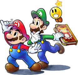 Rule 34 | 2boys, absurdres, blue overalls, book, boots, brothers, brown footwear, brown hair, facial hair, gloves, green headwear, green shirt, hat, highres, holding, holding book, luigi, male focus, mario, mario &amp; luigi: paper jam, mario &amp; luigi rpg, mario (series), multiple boys, mustache, nintendo, official art, overalls, red headwear, red shirt, shadow, shirt, short hair, siblings, simple background, starlow, transparent background, white gloves