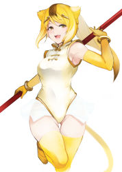 Rule 34 | 10s, 1girl, animal ears, blonde hair, bracelet, circlet, cowboy shot, elbow gloves, gloves, golden snub-nosed monkey (kemono friends), high ponytail, highleg, highleg leotard, highres, holding, holding staff, jewelry, kemono friends, leotard, long hair, looking at viewer, monkey ears, monkey tail, multicolored hair, open mouth, ponytail, simple background, solo, staff, standing, standing on one leg, tail, takenaka hideo, teeth, thighhighs, white background, yellow gloves, yellow thighhighs
