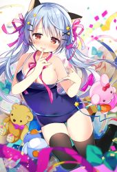 Rule 34 | 1girl, animal ears, bare arms, bare shoulders, black thighhighs, blue hair, blush, breasts, cat ears, cleavage, commentary request, covered navel, fang, hair ornament, hair ribbon, hairclip, highres, large breasts, long hair, looking at viewer, nagayama yuunon, original, parted lips, pink ribbon, pulling own clothes, red eyes, ribbon, school swimsuit, shoes, smile, solo, star (symbol), star hair ornament, strap pull, stuffed animal, stuffed rabbit, stuffed penguin, stuffed toy, swimsuit, teddy bear, thighhighs, twintails, uwabaki, very long hair, white footwear, x hair ornament