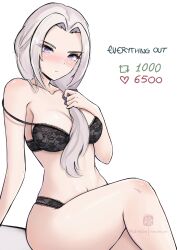 Rule 34 | 1girl, absurdres, alternate costume, black bra, black panties, blue eyes, bra, breasts, chascoby, commentary, edelgard von hresvelg, english commentary, fire emblem, fire emblem: three houses, grabbing own hair, hair ornament, hair over shoulder, hair scrunchie, highres, lace, lace-trimmed bra, lace-trimmed panties, lace trim, lingerie, long hair, medium breasts, meme, navel, nintendo, panties, scrunchie, sitting, solo, twitter strip game (meme), underwear, white background