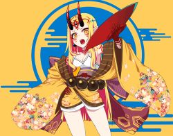 Rule 34 | 1girl, absurdres, bare shoulders, beads, blonde hair, closed mouth, earrings, facial mark, fate/grand order, fate (series), floral print, highres, horns, ibaraki douji (fate), japanese clothes, jewelry, kimono, legs apart, long hair, no eyebrows, no nose, obi, off shoulder, oni, oni horns, orange eyes, pointy ears, prayer beads, sash, short kimono, sidelocks, sleeves past wrists, solo, straight hair, tattoo, tyureu, very long hair, wide sleeves, yellow kimono