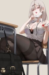 Rule 34 | 1girl, absurdres, bag, black bra, black skirt, bra, bra peek, breast pocket, breasts, brown pantyhose, candy, chair, cleavage, collared shirt, crossed legs, desk, dress shirt, ear piercing, food, hair ornament, hairclip, hand up, highres, holding, laneigu, large breasts, lollipop, mask, mask pull, medium hair, miniskirt, mouth mask, neck ribbon, open mouth, original, pantyhose, partially unbuttoned, piercing, pleated skirt, pocket, red eyes, ribbon, saliva, saliva trail, school bag, school chair, school desk, shirt, shirt tucked in, short sleeves, sitting, skirt, solo, thighband pantyhose, thighs, tongue, tongue out, underwear, white hair, white shirt