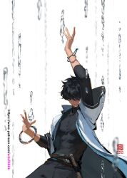 Rule 34 | 1boy, arm up, artist name, black hair, black pants, black shirt, bracelet, coat, commentary, english commentary, hair over eyes, hand up, highres, hydrokinesis, jewelry, kan liu (666k), layered sleeves, long bangs, long sleeves, male focus, open clothes, open coat, original, pants, patreon username, seal impression, shaded face, shirt, short hair, short over long sleeves, short sleeves, signature, sleeves past elbows, solo, tight clothes, tight shirt, toned, toned male, upper body, water, white coat