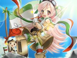 Rule 34 | + +, 1girl, :3, bare shoulders, belt, blush, blush stickers, cloud, coat, creature, fang, flag, fork, from below, game cg, gloves, goggles, goggles on head, happy, italian flag, lens flare, long hair, looking at viewer, mecha musume, moe moe niji taisen, moe moe niji taisen 2, outdoors, scarf, short shorts, shorts, sky, smile, sparkle, striped clothes, striped scarf, striped thighhighs, tagme, thighhighs, veloce (moe moe niji taisen ryaku), very long hair, white gloves