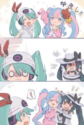 Rule 34 | !, 3girls, :3, absurdres, aqua hair, arms up, beanie, black bow, black gloves, blue eyes, blue hair, bow, bracelet, chibi, chinese commentary, collared shirt, comic, commentary request, creatures (company), curly hair, dark miku (project voltage), dress, earrings, fairy miku (project voltage), flower, frown, game freak, gloves, hair between eyes, hair flower, hair ornament, hair ribbon, half-closed eyes, hand on own chin, hand up, hat, hat bow, hatsune miku, headphones, heart, high five, highres, jewelry, long hair, long sleeves, looking at another, multicolored hair, multiple girls, neckerchief, nintendo, notice lines, pink hair, pink sweater, pokemon, project voltage, psychic miku (project voltage), rddumpling, red eyes, red flower, red ribbon, ribbon, scrunchie, shirt, short sleeves, sidelocks, smile, speech bubble, spoken exclamation mark, sweater, translation request, turn pale, twintails, two-tone hair, upper body, v-shaped eyebrows, very long hair, vocaloid, white dress, white headwear, white neckerchief, white shirt, wrist scrunchie, yellow flower, yellow scrunchie