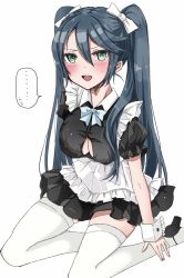 Rule 34 | ..., 1girl, alternate costume, apron, black dress, black thighhighs, blue hair, breasts, bursting breasts, chigasaki yukari, cleavage, commentary request, dress, enmaided, frilled apron, frilled dress, frills, full body, green eyes, highres, isuzu (kancolle), kantai collection, large breasts, long hair, looking at viewer, maid, open mouth, simple background, sitting, solo, spoken ellipsis, thighhighs, twintails, waist apron, wariza, white apron, white background, wrist cuffs