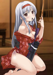 Rule 34 | 10s, 1girl, bad id, bad pixiv id, bare legs, barefoot, bow (weapon), breasts, brown eyes, cleavage, female focus, hairband, highres, japanese clothes, kantai collection, kimono, large breasts, mouth hold, nijimotohiro k, off shoulder, panties, quiver, shoukaku (kancolle), side-tie panties, silver hair, sitting, solo, underwear, weapon, yokozuwari, yukata
