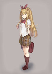 Rule 34 | 10s, 1girl, alternate costume, arms behind back, bad id, bad pixiv id, bag, blonde hair, blue eyes, bow, cagliostro (granblue fantasy), full body, granblue fantasy, hairband, hanarito, long hair, looking at viewer, plaid, plaid skirt, ponytail, school bag, sidelocks, skirt, smile, solo, standing