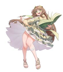 Rule 34 | 1girl, absurdres, black survival, blush, book, breasts, brown hair, clover, dress, eternal return: black survival, floral print, full body, green dress, green eyes, gweon sua, hair ornament, highres, huge breasts, leaf hair ornament, long hair, looking at viewer, open mouth, quill, sandals, shamrock, simple background, symbol-shaped pupils, teeth, toes, upper teeth only, very long hair, white background, yabby