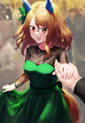 Rule 34 | 1girl, 1other, :d, black jacket, blush, bow, breasts, brown eyes, brown hair, cleavage, clothes lift, dress, dress lift, ear covers, green dress, hair bow, highres, horse girl, jacket, king halo (umamusume), lifting own clothes, long hair, long sleeves, looking at viewer, medium breasts, open mouth, pov, pov hands, see-through, see-through cleavage, see-through dress, smile, solo focus, swept bangs, tark (318), umamusume