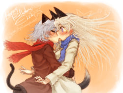 Rule 34 | 2girls, animal ears, blue eyes, blue scarf, blush, cat ears, cat tail, couple, eila ilmatar juutilainen, closed eyes, kiss, long hair, multiple girls, official alternate costume, red scarf, ryou (shirotsumesou), sanya v. litvyak, scarf, short hair, silver hair, star (symbol), strike witches, surprised, tail, world witches series, yuri