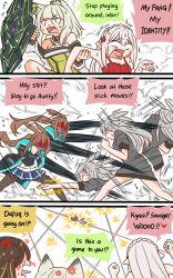 Rule 34 | 5girls, afterimage, amiya (arknights), anger vein, animal ears, arknights, bare arms, bare shoulders, blonde hair, blood, braid, brown hair, clenched hands, clenched teeth, comic, commentary, crown braid, english commentary, fang, folinic (arknights), grey hair, guin guin, hair between eyes, highres, kal&#039;tsit (arknights), long hair, multicolored hair, multiple girls, nightgown, pointy ears, ponytail, rabbit ears, red eyes, savage (arknights), streaked hair, teeth, tongue, tongue out, two side up, very long hair, warfarin (arknights)