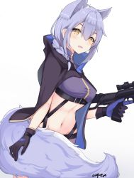 Rule 34 | 1girl, animal ears, arknights, black cape, black gloves, blue gloves, blush, braid, breasts, cape, capeta capeta, commentary, cowboy shot, crop top, gloves, gradient background, grey background, hair between eyes, highres, holding, holding weapon, large tail, long hair, looking at viewer, medium breasts, midriff, multicolored clothes, multicolored gloves, navel, open mouth, provence (arknights), purple hair, signature, single braid, solo, stomach, tail, trigger discipline, weapon, white background, wolf ears, wolf tail, yellow eyes
