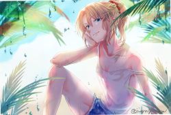 Rule 34 | 1girl, blonde hair, blue sky, braid, breasts, breasts apart, cloud, collarbone, covered navel, cutoffs, denim, denim shorts, fate/grand order, fate (series), french braid, green eyes, hair between eyes, head rest, iwanaga tm, light smile, looking at viewer, mordred (fate), mordred (fate/apocrypha), off shoulder, palm tree, red scrunchie, scrunchie, see-through, shirt, shorts, sky, small breasts, smile, solo, thighs, tree, twitter username, wet, white shirt