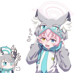 Rule 34 | 2girls, :3, :d, animal ear fluff, animal ear hood, animal ears, aqua eyes, aqua halo, blue archive, blue eyes, blush, bright pupils, character print, chibi, chibi inset, commentary request, fake animal ears, fang, frilled sleeves, frills, grey hair, grey pajamas, halo, hands up, heterochromia, highres, hood, hood up, hoshino (blue archive), jitome, long sleeves, looking at another, looking at viewer, mismatched pupils, mugisepa, multiple girls, open mouth, pajamas, pink hair, pink halo, print pajamas, puff of air, shiroko (blue archive), simple background, smile, solo focus, sound effects, upper body, v-shaped eyebrows, white background, white pupils, wolf ears, yellow eyes