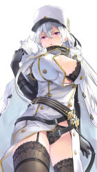 Rule 34 | 1girl, azur lane, belt, black panties, bra, breasts, buttons, cleavage, coat, coat dress, commentary request, double-breasted, elbow gloves, from below, fur-trimmed coat, fur trim, garter straps, gloves, hair between eyes, hat, high collar, highres, jacket, jacket on shoulders, lace, lace-trimmed legwear, lace bra, lace panties, lace trim, large breasts, long hair, looking at viewer, military, military hat, military uniform, mole, mole under eye, neko ni mieru, open clothes, open coat, panties, parted lips, red eyes, silver hair, solo, sovetskaya rossiya (azur lane), thighhighs, thighs, unbuttoned, underwear, uniform, white coat, white hat