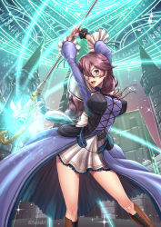 Rule 34 | 1girl, adsouto, arms up, artist name, bare legs, black socks, blue eyes, boots, braid, braided ponytail, breasts, brown footwear, capelet, contrapposto, cowboy shot, cross-laced footwear, dress, eiyuu densetsu, emma millstein, falcom, floating hair, frilled sleeves, frills, glasses, glowing, glowing weapon, hair between eyes, highres, knee boots, kneehighs, large breasts, long hair, looking at viewer, magic, magic circle, miniskirt, open mouth, purple hair, ribbon, sen no kiseki, skirt, socks, solo, sparkle, spire, staff, thighs, very long hair, vest, weapon, wrist cuffs