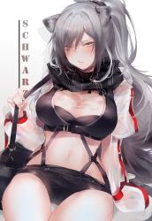 Rule 34 | 1girl, absurdres, allze, animal ears, arknights, arm support, black scarf, black scrunchie, black shorts, breasts, cat ears, character name, commentary, cowboy shot, crop top, gradient background, grey background, grey hair, hair ornament, hair scrunchie, highres, jacket, large breasts, long hair, micro shorts, midriff, navel, open clothes, open jacket, scarf, schwarz (arknights), scrunchie, shorts, sitting, solo, stomach, thighs, white jacket, yellow eyes