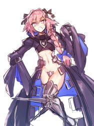 Rule 34 | 10s, 1boy, armor, armored boots, astolfo (fate), black thighhighs, blue eyes, blush, boots, braid, cape, cosplay, crotch plate, fang, fate/apocrypha, fate/extra, fate/extra ccc, fate/grand order, fate (series), hair ribbon, highres, long hair, looking at viewer, male focus, melon22, meltryllis (fate), meltryllis (fate) (cosplay), navel, open mouth, pink hair, purple eyes, revealing clothes, ribbon, simple background, single braid, smile, solo, thighhighs, trap, very long hair