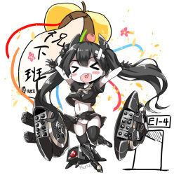 Rule 34 | &gt; &lt;, 1girl, black hair, blush stickers, breasts, chibi, chinese text, closed eyes, fatkewell, girls&#039; frontline, gloves, injury, long hair, medium breasts, midriff, navel, open mouth, ouroboros (girls&#039; frontline), pale skin, panties, smile, solo, thighhighs, traditional chinese text, twintails, underboob, underwear