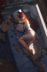 Rule 34 | 1girl, bed, bed sheet, breasts, cellphone, chopsticks, closed eyes, commentary, cup ramen, cyberpunk, dakimakura (object), english commentary, flip phone, gun, handgun, highres, hugging object, kan liu (666k), long hair, low ponytail, lucia (666k), mechanical arms, mohawk, naked sheet, on bed, original, phone, pillow, pillow hug, prosthesis, prosthetic arm, red hair, single mechanical arm, sleep mask, sleeping, small breasts, socks, solo, striped clothes, striped socks, sunlight, weapon, window blinds, window shutter