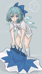 Rule 34 | !?, 1girl, ?, blue bow, blue eyes, blue hair, blush, bow, cirno, dress, dressing, grey background, hair bow, ice, ice wings, ikapiyosuke, looking at viewer, shirt, short hair, short sleeves, simple background, solo, spoken question mark, touhou, white legwear, wings