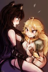 Rule 34 | 1futa, 1girl, ahoge, animal ears, ass, black hair, blake belladonna, blonde hair, blush, bottomless, breasts, breasts out, breasts squeezed together, butt crack, cat ears, cat girl, closed mouth, cum, cum on body, cum on breasts, cum on hair, cum on upper body, ejaculation, ejaculation between breasts, ember celica (rwby), erection, eye contact, facial, facing another, faunus (rwby), female orgasm, fingerless gloves, futa with female, futanari, gauntlets, glans, gloves, hair between eyes, hand on own breast, hand up, happy, jacket, kneeling, large breasts, long hair, looking at another, looking down, looking up, lumineko, moaning, nipples, no panties, no pants, open clothes, open jacket, open mouth, orange scarf, orgasm, paizuri, partially undressed, penis, purple eyes, rwby, scarf, short sleeves, sitting, small breasts, smile, spread legs, teeth, uncensored, weapon, yang xiao long, yellow eyes