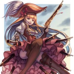 Rule 34 | 1girl, bicorne, black gloves, black thighhighs, blonde hair, bow, breasts, dress, gloves, gun, hat, highres, holding, holding weapon, hrtyuk, jewelry, juliet sleeves, long hair, long sleeves, necklace, open mouth, original, outside border, pirate, puffy sleeves, rifle, solo, thighhighs, very long hair, weapon, yellow eyes