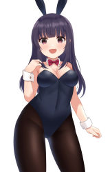Rule 34 | 1girl, animal ears, black hair, black leotard, black pantyhose, blunt bangs, bow, bowtie, breasts, brown eyes, cleavage, commentary request, contrapposto, detached collar, fake animal ears, furutori, highres, leotard, looking at viewer, medium breasts, open mouth, original, pantyhose, playboy bunny, rabbit ears, red bow, red bowtie, simple background, smile, solo, strapless, strapless leotard, white background, wrist cuffs