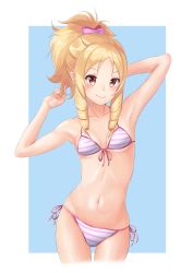 Rule 34 | 10s, 1girl, absurdres, alternate hairstyle, armpits, arms up, bad id, bad pixiv id, bare arms, bare legs, bare shoulders, bikini, blonde hair, blush, bow, breasts, closed mouth, collarbone, commentary request, contrapposto, cowboy shot, drill hair, drill sidelocks, eromanga sensei, fingernails, front-tie top, furan (pixiv20237436), gluteal fold, hair bow, highres, legs apart, long hair, looking at viewer, midriff, navel, pink bow, pink lips, pointy ears, ponytail, short hair, side-tie bikini bottom, sidelocks, small breasts, smile, solo, standing, stomach, striped bikini, striped clothes, swimsuit, yamada elf, yellow eyes