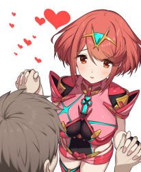Rule 34 | 1boy, 1girl, black gloves, breasts, chest jewel, earrings, fingerless gloves, gloves, green322, highres, jewelry, large breasts, pyra (xenoblade), red eyes, red hair, red shorts, rex (xenoblade), short hair, short shorts, shorts, simple background, swept bangs, thighhighs, tiara, white background, xenoblade chronicles (series), xenoblade chronicles 2