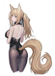 Rule 34 | 1girl, animal ear fluff, animal ears, arknights, ass, back, backless leotard, bare shoulders, black leotard, blonde hair, breasts, brown pantyhose, cropped legs, echj, from behind, frown, highleg, highleg leotard, highres, horse ears, horse girl, horse tail, large breasts, leotard, long hair, looking at viewer, looking back, nearl (arknights), nontraditional playboy bunny, orange eyes, pantyhose, playboy bunny, ponytail, sidelocks, simple background, solo, tail, white background