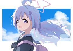 Rule 34 | 1girl, :d, absurdres, ahoge, backlighting, black neckerchief, black shirt, blue archive, blue hair, blue sky, close-up, cloud, commentary, day, film grain, floating hair, hair between eyes, hair ornament, halo, happy, highres, light blue hair, long hair, looking at viewer, low twintails, moru (moru20000), neckerchief, open mouth, outdoors, pink halo, purple eyes, reisa (blue archive), sailor collar, school uniform, serafuku, shirt, sky, smile, solo, star (symbol), star hair ornament, star halo, tareme, twintails, white sailor collar, wind