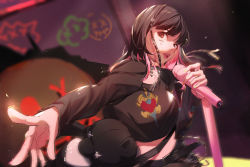 Rule 34 | 1girl, absurdres, black hair, choi ye-na, collar, colored inner hair, facial mark, highres, holding, holding microphone, long hair, looking at viewer, microphone, midriff, motion blur, multicolored hair, open mouth, pandako, pink hair, real life, solo, upper body