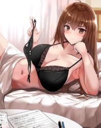 Rule 34 | &gt;:), 1girl, absurdres, ahoge, armpits, bare arms, bare shoulders, bed sheet, black bra, black panties, blanket, blurry, blurry foreground, blush, bra, breasts, brown eyes, brown hair, cleavage, closed mouth, collarbone, commentary request, copyright request, depth of field, hand on own cheek, hand on own face, highres, holding, holding clothes, holding underwear, indoors, large breasts, long hair, looking at viewer, lying, mole, mole on breast, navel, on bed, on side, original, panties, unworn panties, paper, smile, solo, stomach, take (trude1945oneetyan), underwear, underwear only, v-shaped eyebrows, very long hair