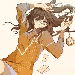 Rule 34 | 1girl, absurdres, ace (playing card), ace of diamonds, ace of hearts, ace of spades, arms up, brown-framed eyewear, brown background, brown eyes, brown hair, card, commentary request, diamond (shape), glasses, hair between eyes, heart, highres, holding, long hair, long sleeves, looking at viewer, lys vyn, orange shirt, parted lips, playing card, pocket watch, rosa (tears of themis), semi-rimless eyewear, shirt, simple background, solo, spade (shape), tears of themis, under-rim eyewear, watch
