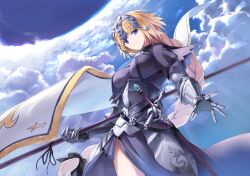 Rule 34 | 1girl, absurdres, armor, armored dress, blonde hair, blue sky, braid, braided ponytail, chain, closed mouth, cloud, commentary request, dress, fate/apocrypha, fate/grand order, fate (series), flag, floating hair, headpiece, highres, holding, holding flag, jeanne d&#039;arc (fate), jeanne d&#039;arc (ruler) (fate), long hair, looking at viewer, pelvic curtain, plackart, purple dress, purple eyes, sky, solo, sword, very long hair, weapon, yanagi marie