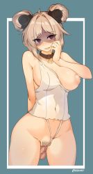 Rule 34 | 1girl, @ @, ahoge, arm behind back, bare shoulders, blue background, blush, border, breasts, brown hair, cleavage, clothes pull, clothing aside, collar, collarbone, covered navel, cropped legs, double bun, female pubic hair, girls&#039; frontline, gluteal fold, hair bun, hand on own cheek, hand on own face, large breasts, looking at viewer, nipples, one breast out, outside border, p90 (girls&#039; frontline), parted bangs, penis, pubic hair, pussy, red eyes, revealing clothes, sex, shaded face, short hair, solo, solo focus, standing, standing sex, thighs, tilt-shift (azalanz), twitter username, uncensored, vaginal, white border, wide hips