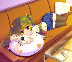 Rule 34 | 1girl, brown eyes, cable, cable divider, couch, digital media player, female focus, green hair, headphones, highres, indoors, ipod, lying, on side, original, pillow, revision, saitou tsukasa, school uniform, serafuku, skirt, solo, thighhighs, twintails, uniform, zettai ryouiki
