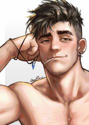 Rule 34 | 1boy, bara, chest hair, closed mouth, earrings, greenteaa, highres, jewelry, male focus, mature male, muscular, muscular male, original, pendant, short hair, smile, solo, spiked hair, thick eyebrows, topless male
