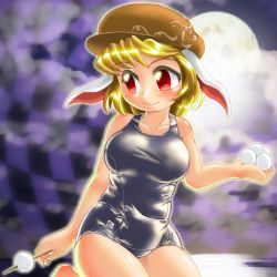 Rule 34 | 1girl, animal ears, blonde hair, blush, breasts, dango, female focus, flat cap, floppy ears, food, hat, holding, holding food, large breasts, moon, one-piece swimsuit, rabbit ears, red eyes, ringo (touhou), school swimsuit, shiny clothes, shiny skin, sitting, skewer, smile, solo, swimsuit, touhou, wagashi, winn