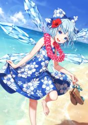 Rule 34 | 1girl, :d, adapted costume, bare arms, bare shoulders, barefoot, beach, blue bow, blue dress, blue eyes, blue hair, blue sky, bow, brown footwear, cirno, cloud, commentary request, day, dress, feet out of frame, floral print, flower, flower necklace, hair bow, hair flower, hair ornament, hibiscus, highres, holding, ice, ice wings, jewelry, lei, lens flare, looking at viewer, necklace, ocean, open mouth, outdoors, red flower, sandals, shadow, short hair, sky, sleeveless, sleeveless dress, smile, solo, standing, standing on one leg, torinari (dtvisu), touhou, water, water drop, wings