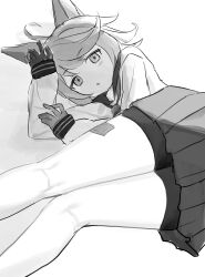 Rule 34 | 1girl, absurdres, ahoge, animal ears, bike shorts, blue archive, commentary request, dot nose, double-parted bangs, feet out of frame, fox ears, gloves, grey background, greyscale, highres, legs, light blush, long sleeves, looking at viewer, lying, miniskirt, mishio (misio 40), monochrome, no halo, on side, otogi (blue archive), pleated skirt, sailor collar, school uniform, serafuku, shorts, shorts under skirt, sidelocks, simple background, skirt, solo, thighs