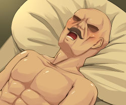 Rule 34 | 1boy, abs, bald, blush, commentary request, faceless, faceless male, facial hair, highres, kitsunerider, male focus, manatsu no yo no inmu, mustache, no nipples, open mouth, original, pectorals, pillow, solo, topless male, upper body