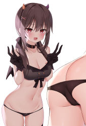 Rule 34 | 1girl, :d, ass, black choker, black gloves, black panties, black shirt, breasts, brown hair, butt crack, buttons, choker, cleavage, collarbone, crop top, demon horns, double-breasted, double v, fake horns, front-tie top, gloves, groin, hair ornament, hair over shoulder, hairband, hands up, highres, horns, kamu (geeenius), long hair, looking at viewer, low twintails, medium breasts, mini wings, navel, no pants, open mouth, original, panties, red eyes, revealing clothes, shirt, simple background, sleeveless, sleeveless shirt, smile, solo, stomach, string panties, thighs, twintails, underwear, v, white background, wings, x hair ornament