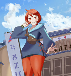 Rule 34 | 1girl, arezu (pokemon), blue jacket, bracelet, cowlick, creatures (company), day, game freak, grin, hand up, jacket, jewelry, long sleeves, looking at viewer, nintendo, open hand, outdoors, pokemon, pokemon legends: arceus, pouch, red eyes, red hair, red thighhighs, short hair, smile, standing, teeth, thighhighs