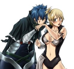 Rule 34 | 1boy, 1girl, blonde hair, blue hair, breasts, brown eyes, cape, cleavage, embarrassed, fairy tail, hetero, kiss, large breasts, lucy ashley, mystogan, open mouth, short hair, skull, tattoo, underboob