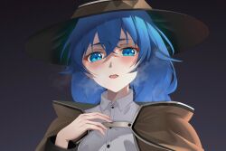 1girl absurdres blue_eyes blue_hair braid brown_coat brown_hat coat commentary gradient_background hair_between_eyes hat highres izei1337 long_hair looking_at_viewer mushoku_tensei open_mouth roxy_migurdia shirt solo twin_braids upper_body white_shirt witch_hat