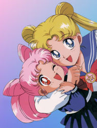Rule 34 | 1990s (style), 2girls, age difference, bishoujo senshi sailor moon, blue eyes, chibi usa, child, family, happy, headlock, hug, lowres, mother and daughter, multiple girls, official art, portrait, red eyes, school uniform, smile, tsukino usagi, twintails